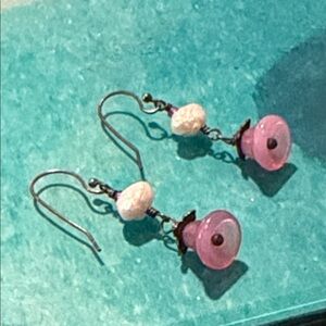 Artisan German glass pink flowers with tiny garnets white pearls sterling wires